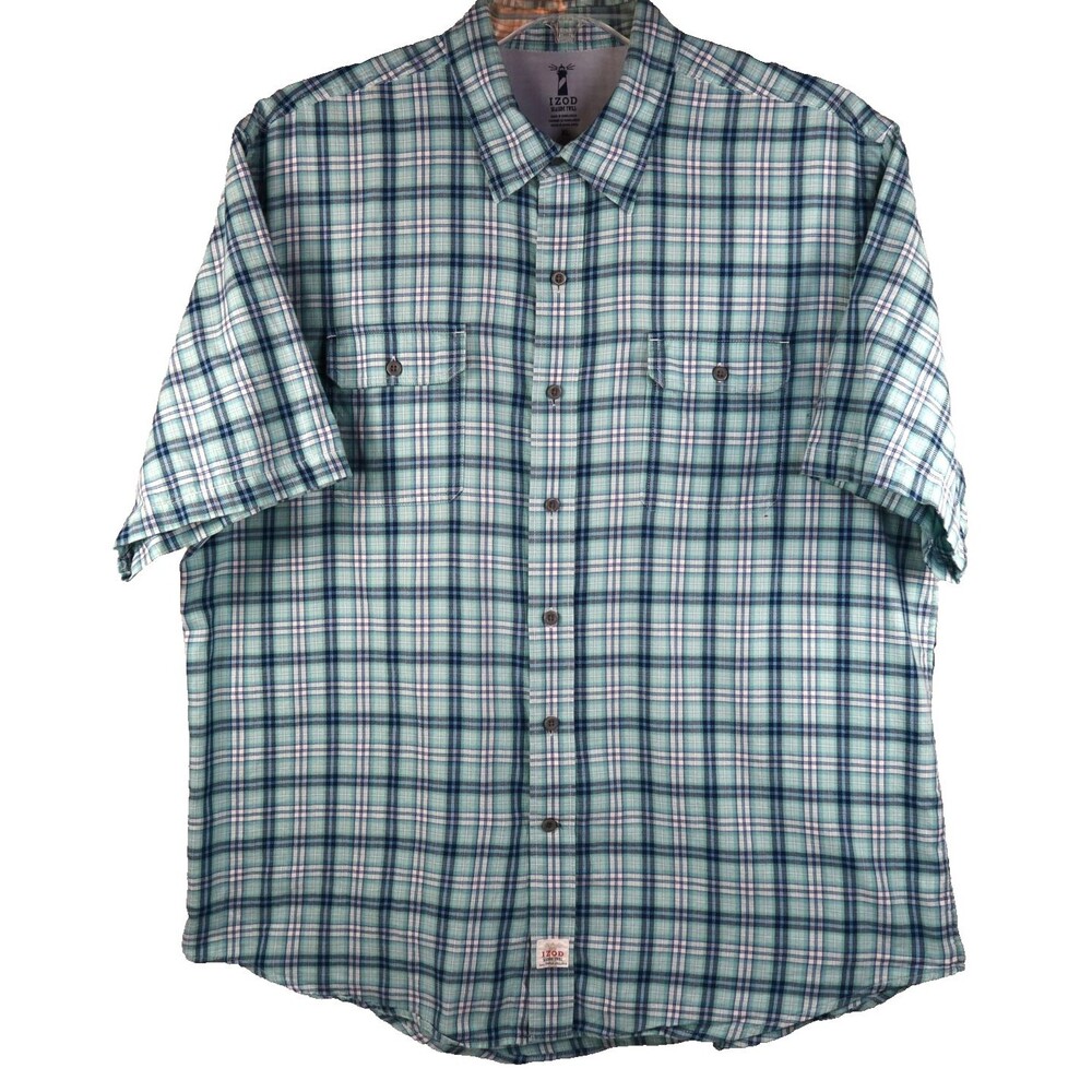 IZOD Seaside Twill Poplin Aqua Plaid Shirt Men's XL Short Sleeve Lightweight